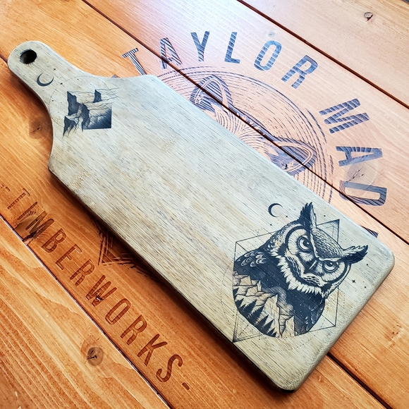 Taylor Made Timber Works Accessories - Astral✨Owl🦉Artisan Handcrafted🖐️Finely Engraved Bamboo🎍Cutting/Serving Paddle